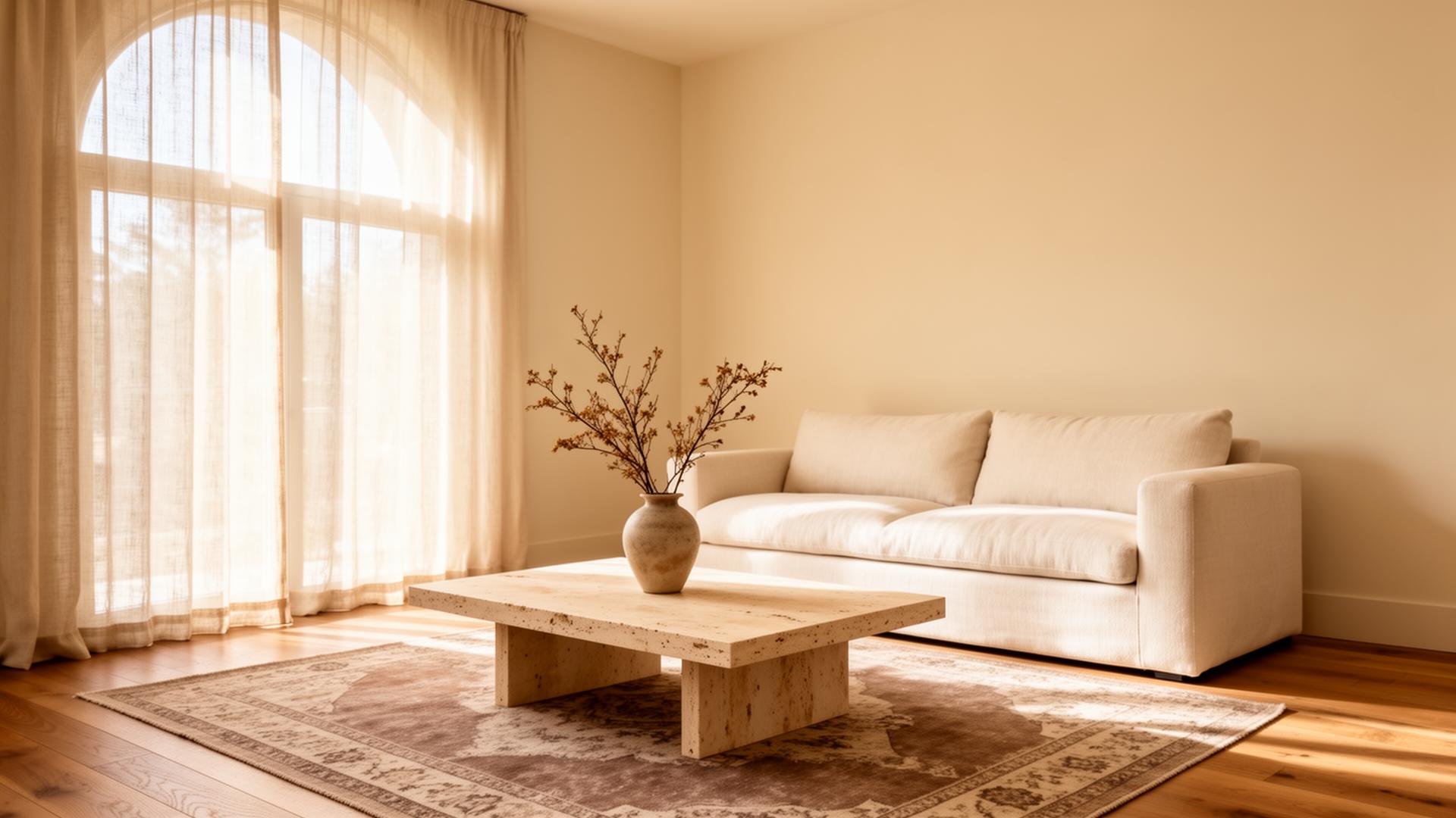 Sunlit living room with linen sofa, travertine table and arched window — interior design by Harland Home Interiors